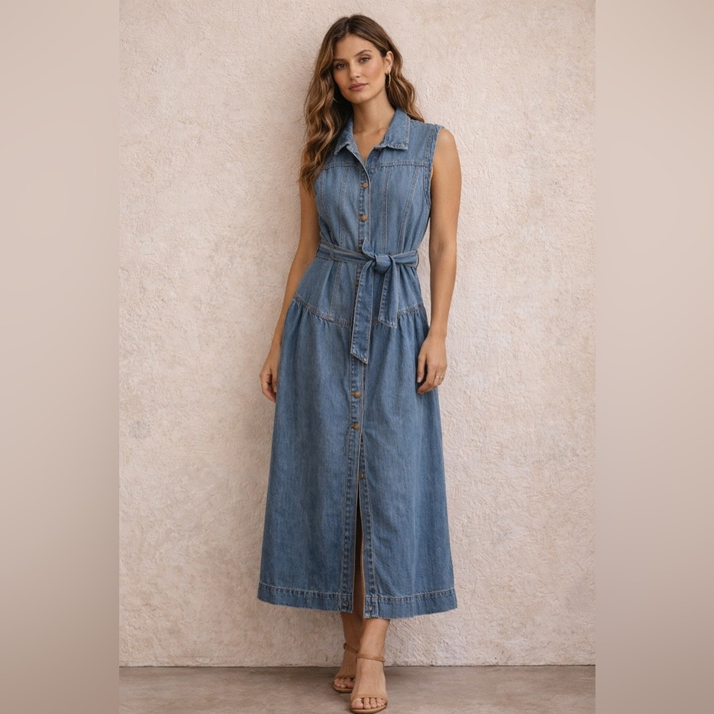 Universal Thread Denim Midi Dress Belted Button Front Sleeveless|NWOT| Size 12